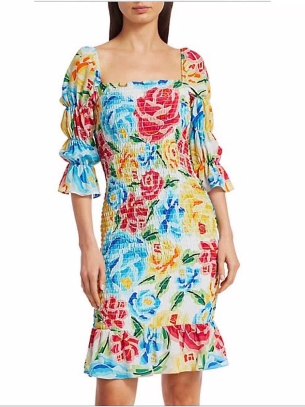 All Things Mochi Mariana Shirred Silk Floral Dress, Size Medium